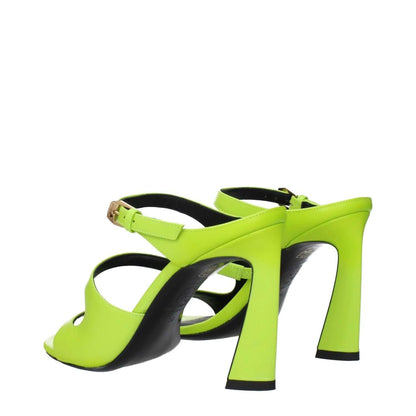 Versace Green Leather Stiletto Heel Sandals with buckle closure and gold side detail, open toe design, and high heel.