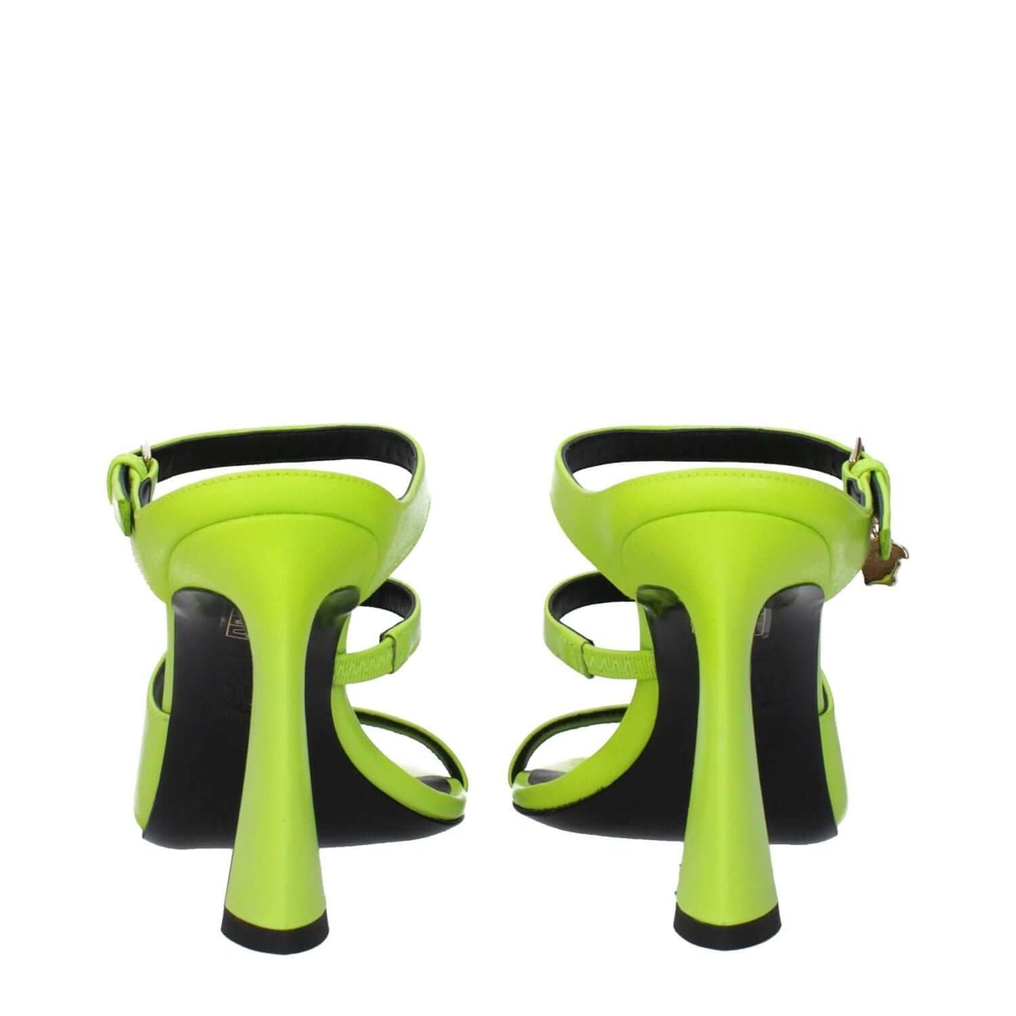 Back view of Versace Green Leather Stiletto Heel Sandals with buckle closure and open toe, featuring a stylish high heel design.