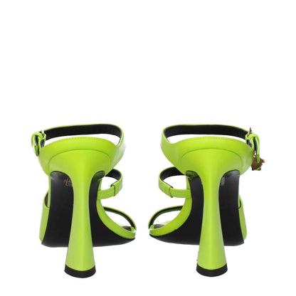 Back view of Versace Green Leather Stiletto Heel Sandals with buckle closure and open toe, featuring a stylish high heel design.