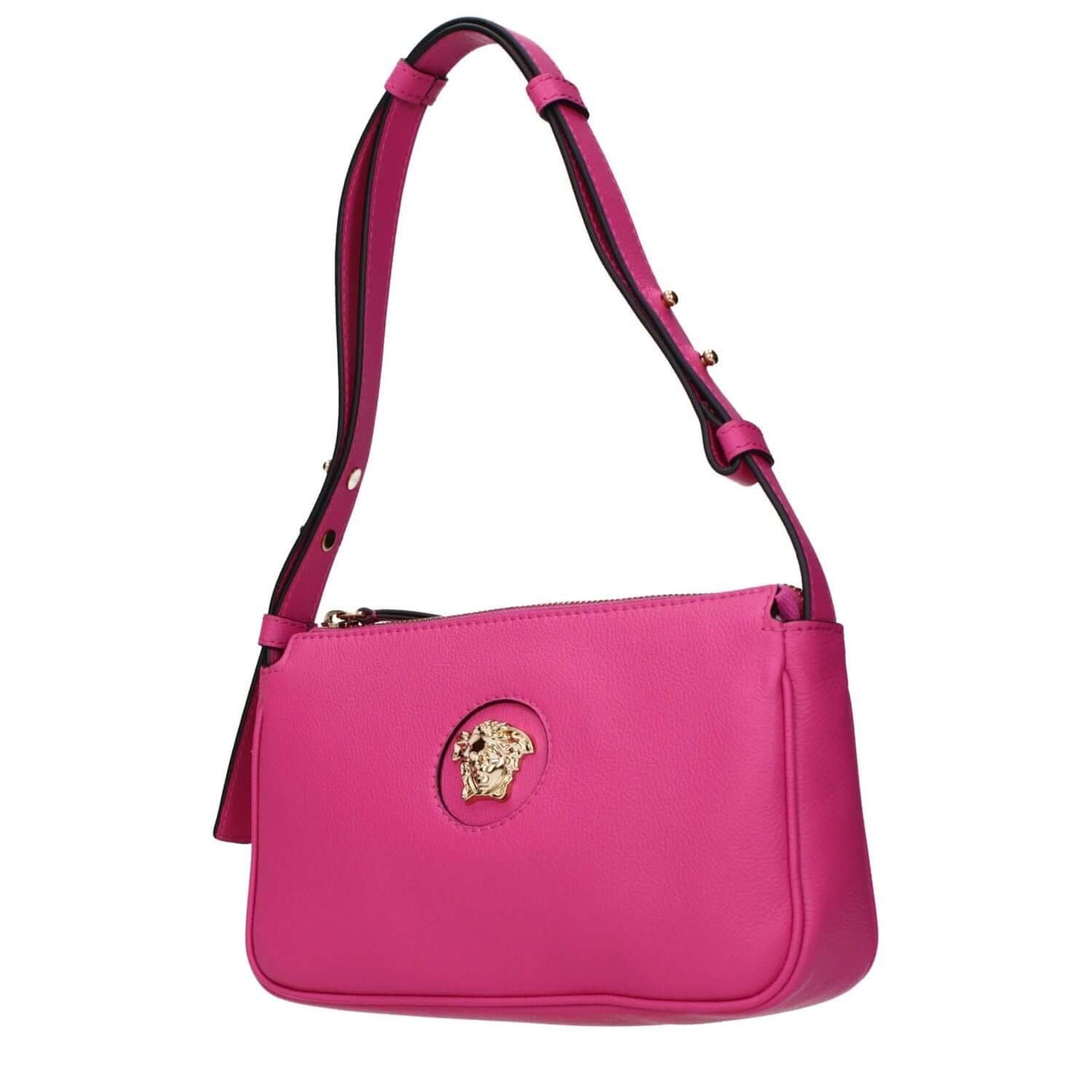 Alt Tag: Versace Pink Leather Shoulder Bag with adjustable strap, featuring front detail and back logo, stylishly designed in fuchsia.
