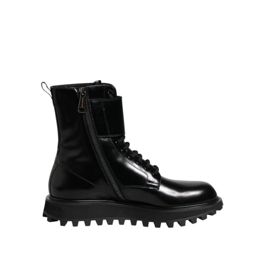 Dolce & Gabbana Black Leather Lace Up Mid Calf Boots Shoes