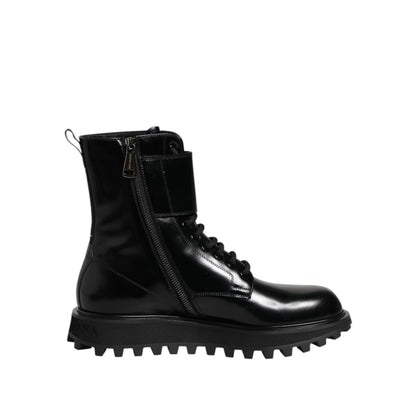 Dolce & Gabbana Black Leather Lace Up Mid Calf Boots Shoes