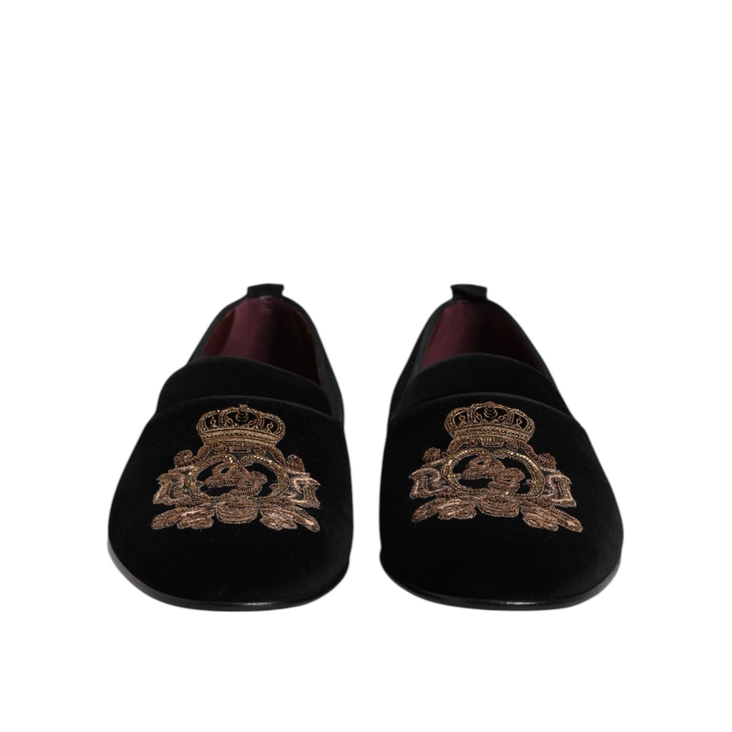 Dolce & Gabbana Black Velvet Gold Crown Mens Loafers Shoes