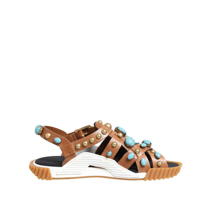 Dolce & Gabbana Brown Leather Studded Slides Sandals Shoes