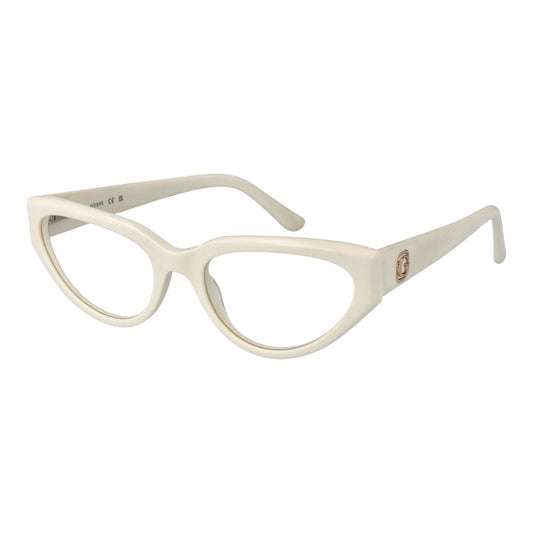 Alt Tag: Guess White Women Glasses Frame, full-rim acetate, cat eye style, demo lenses, 53-18-145 size, with branded case.