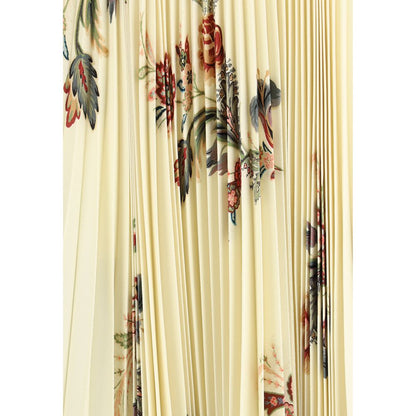 Close-up of Etro Yellow Polyester Midi Skirt with floral print, showcasing pleated sablé fabric and romantic aesthetic for AW25.