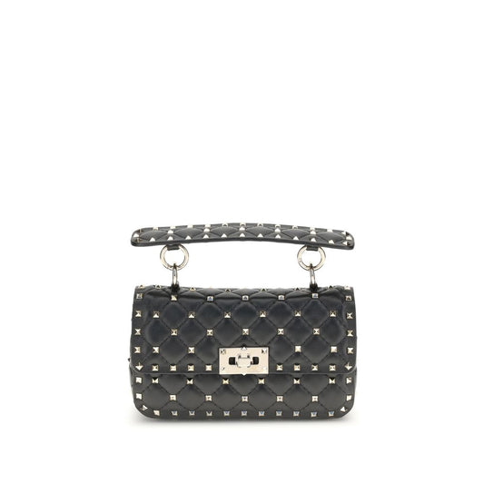 Valentino Garavani Black Calf Leather Bos Taurus Handbag with studded shoulder strap and chic rockstud design.