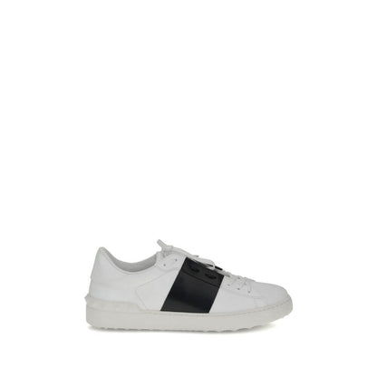 Valentino Garavani White Calf Leather Bos Taurus Low Top Sneakers with contrasting bands and studs.