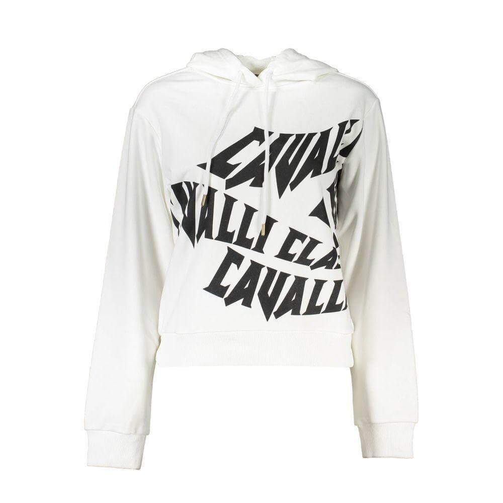 Cavalli Class White Cotton Sweater, long-sleeved with hood, featuring brushed fabric and logo print design for a stylish look.