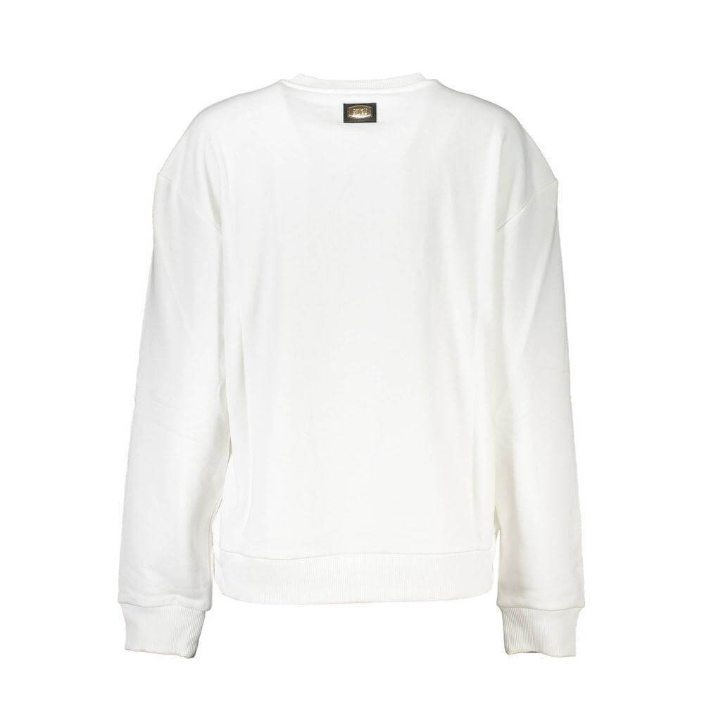 Back view of Cavalli Class White Cotton Sweater, long-sleeved round neck sweatshirt with brushed fabric and logo print detail.