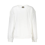 Back view of Cavalli Class White Cotton Sweater, long-sleeved round neck sweatshirt with brushed fabric and logo print detail.