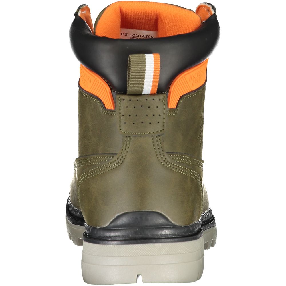 Back view of U.S. POLO ASSN. Green Polyester Boot with laces and contrast details, featuring logo and high-top design.
