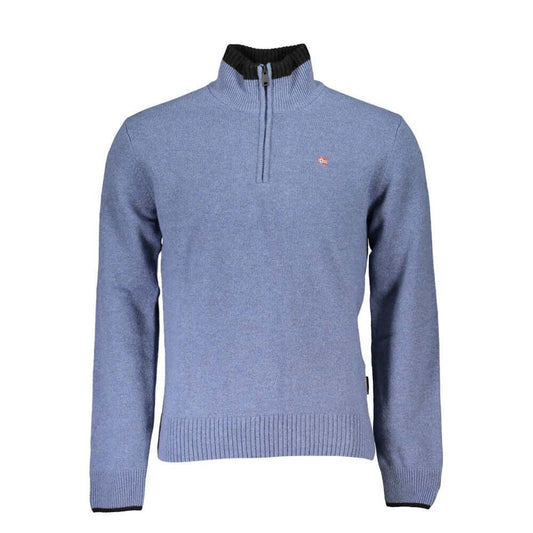 Napapijri Blue Fabric Sweater with long sleeves, regular fit, half zip, contrast details, embroidery, and logo