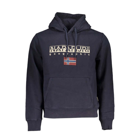 Napapijri Blue Cotton Sweater, long-sleeved hoodie with central pocket, logo print, and fleece material.