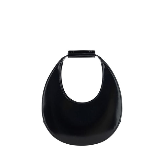Staud Black Calf Leather Bos Taurus Shoulder Bag, round moon shape with rigid handle, top magnetic closure, made in Italy