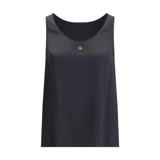 Dolce & Gabbana Black Silk Top, elegant sleeveless design with logo plaque, 100% silk, made in Italy, perfect for sophisticated looks.