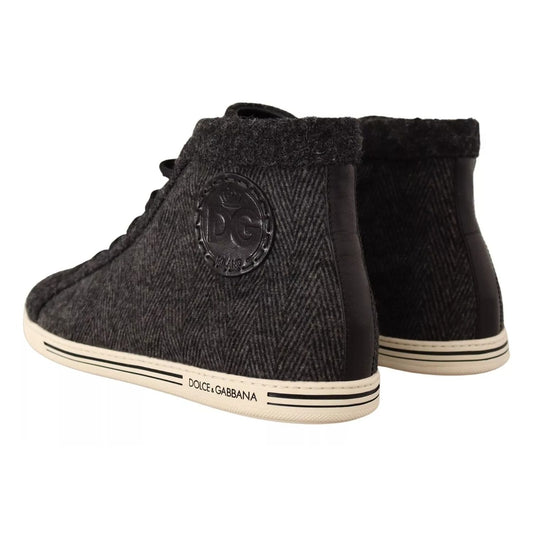 Dolce & Gabbana Gray Wool Cotton Casual High Top Sneakers featuring logo detail and rubber sole, made in Italy.