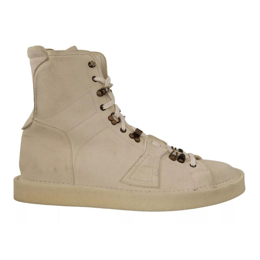 Dolce & Gabbana White Leather Lace Up Mens Boots with logo details, minor marks, made in Italy, high craftsmanship ankle model.