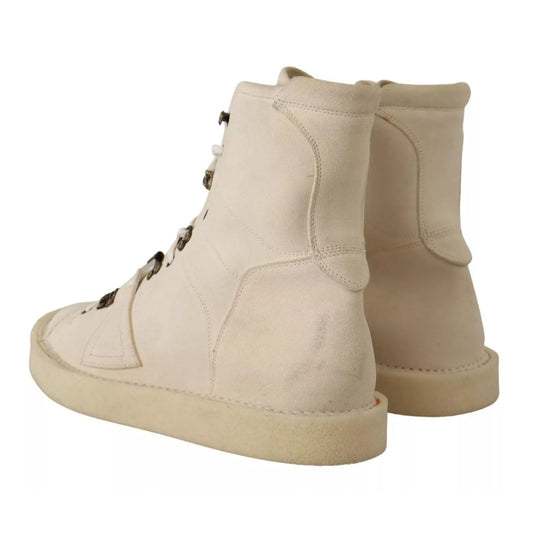 Dolce & Gabbana White Leather Lace Up Mens Boots with minor marks, side and back view showing high craftsmanship and logo details.