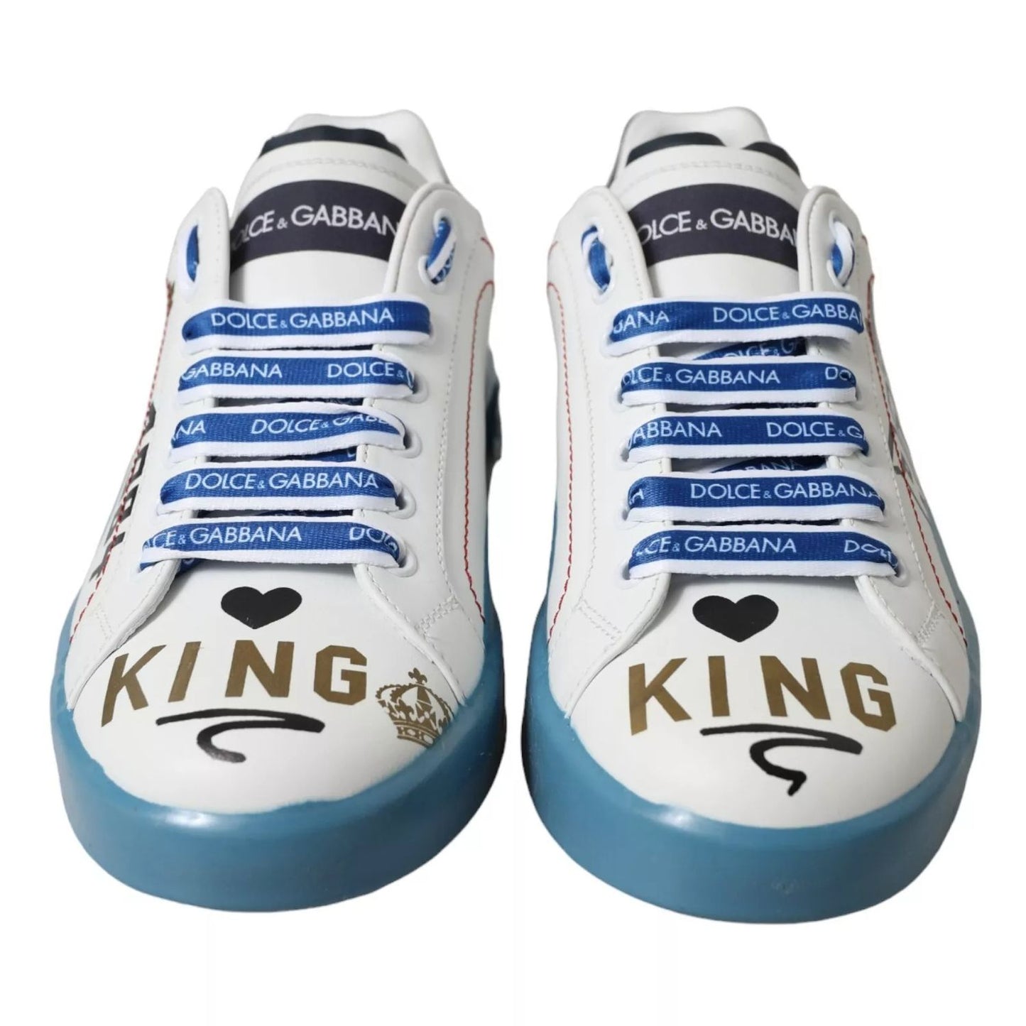 Dolce & Gabbana Blue White Printed Portofino Melt Sneakers with logo details, white and blue calfskin leather, front view.