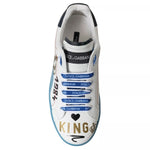 Dolce & Gabbana Blue White Printed Portofino Melt Sneakers in calfskin leather with logo lace-up design, artisan details, made in Italy.