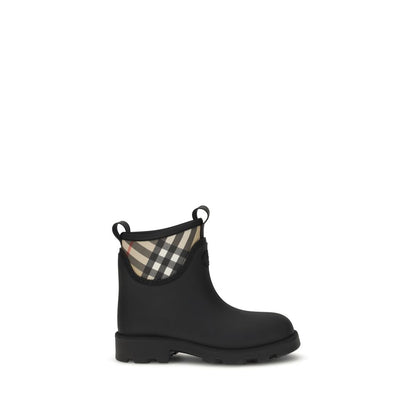 Burberry Black Rubber Ankle Boots with Equestrian Knight Design, featuring check lining and logo on sole, ideal for AW25 rainy season.