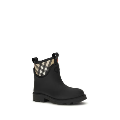 Burberry Black Rubber Ankle Boots with Equestrian Knight Design and Burberry lettering on sole, AW25, ideal for rainy day elegance.