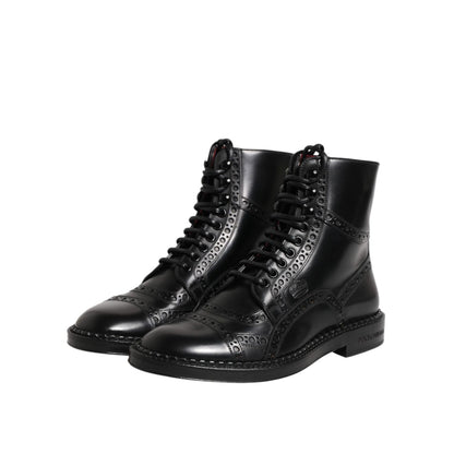 Dolce & Gabbana Black Leather Lace Up Mid Calf Boots Shoes