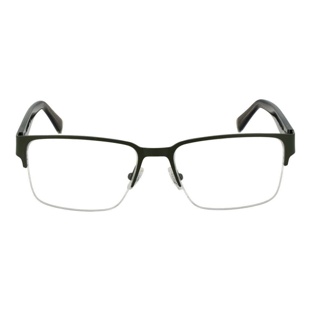 Guess Green Men Glasses Frame, metal half-rim, rectangle style, green color with demo lenses, size 55-17-145.