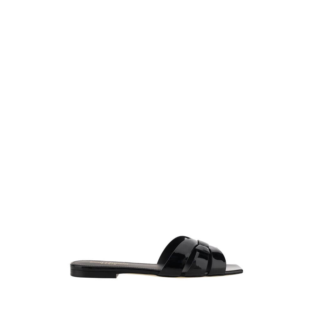 Saint Laurent Black Calf Leather Bos Taurus Flat Sandals with square toe and woven front, featuring a logoed insole for AW25.
