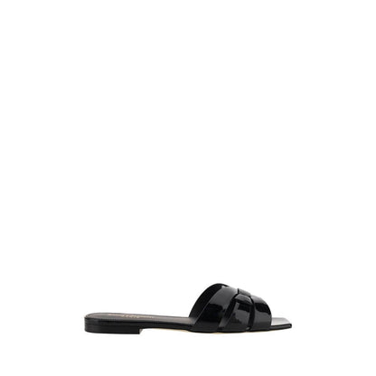 Saint Laurent Black Calf Leather Bos Taurus Flat Sandals with square toe and woven front, featuring a logoed insole for AW25.