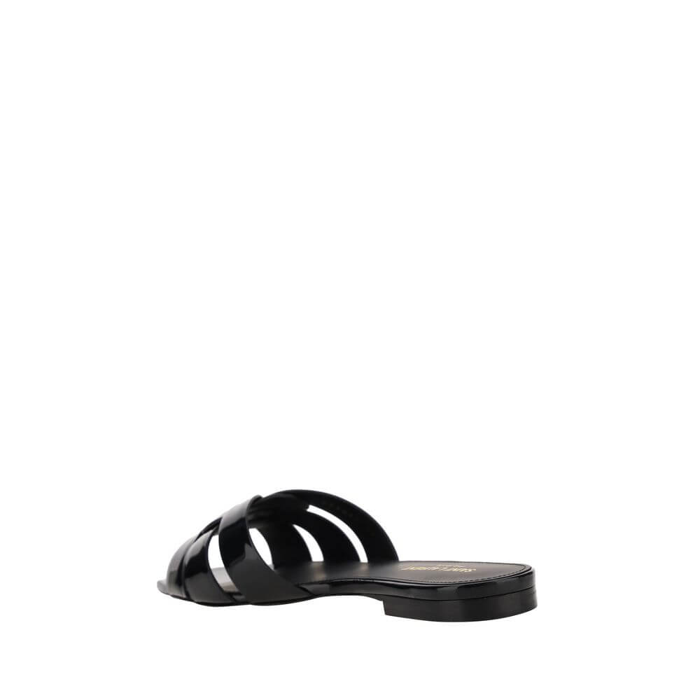 Saint Laurent Black Calf Leather Bos Taurus Flat Sandals with square toe and woven front for AW25 collection.