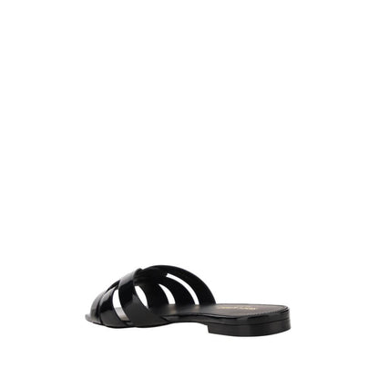 Saint Laurent Black Calf Leather Bos Taurus Flat Sandals with square toe and woven front for AW25 collection.