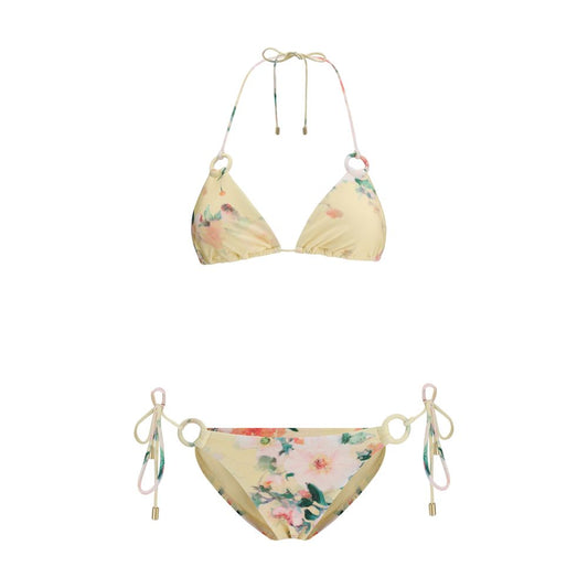 Zimmermann Yellow Polyamide Bikini with floral pattern and adjustable knot closures, elegant Everley design for beach or pool wear.