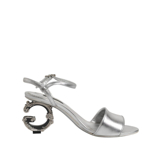 Dolce & Gabbana Silver Leather DG Heels Keira Sandals Shoes