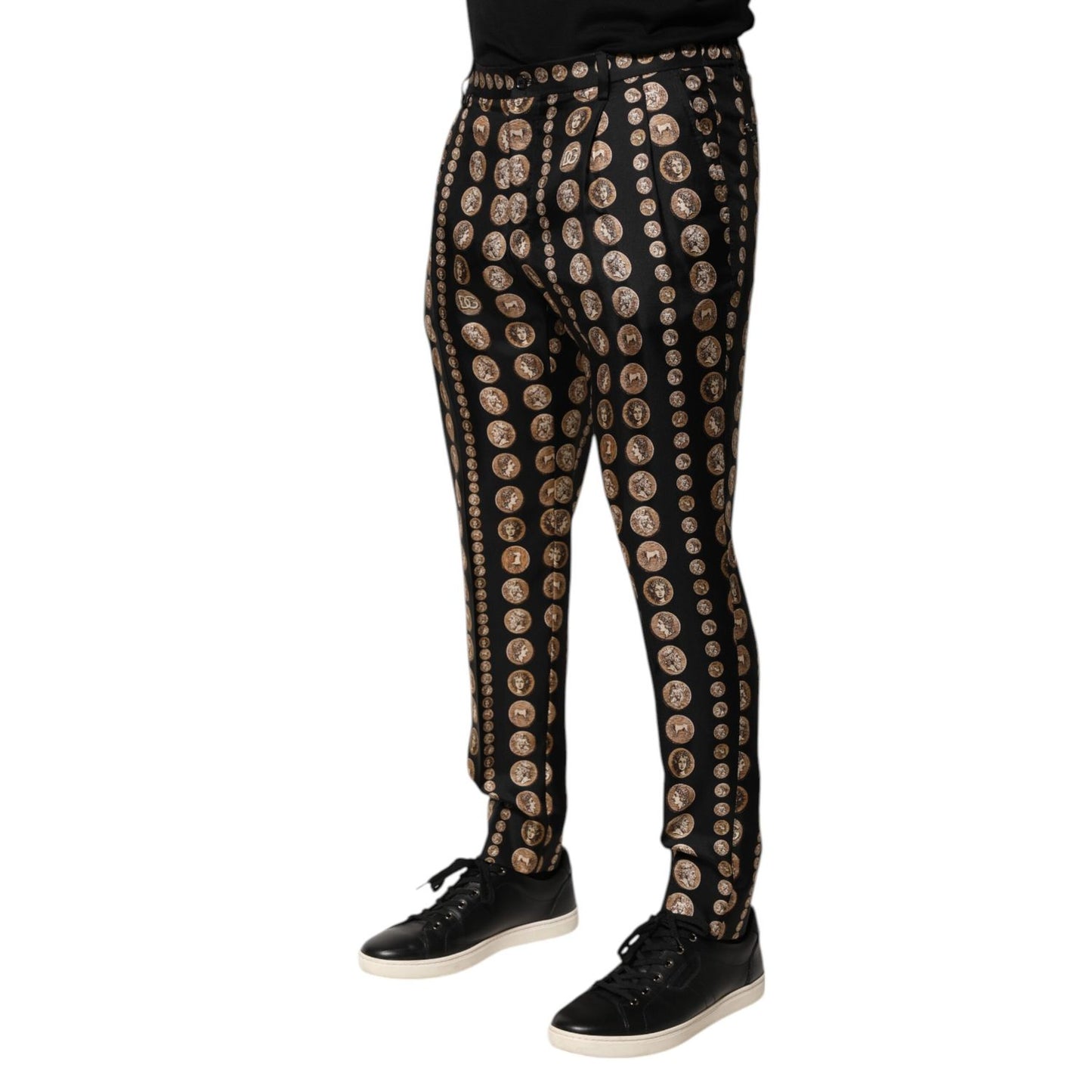 Dolce & Gabbana Black Coin Print Silk Skinny Men Trouser Pants