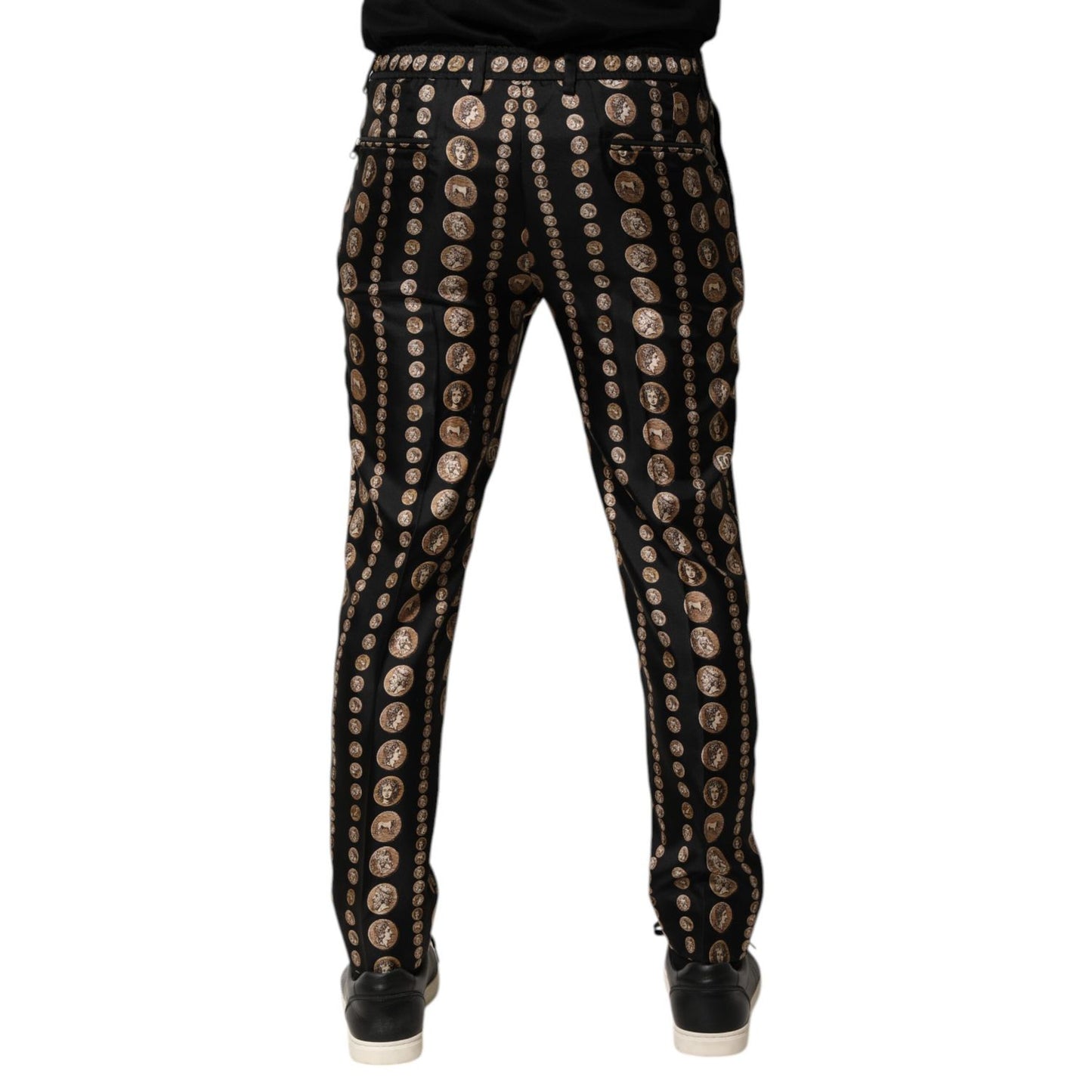 Dolce & Gabbana Black Coin Print Silk Skinny Men Trouser Pants