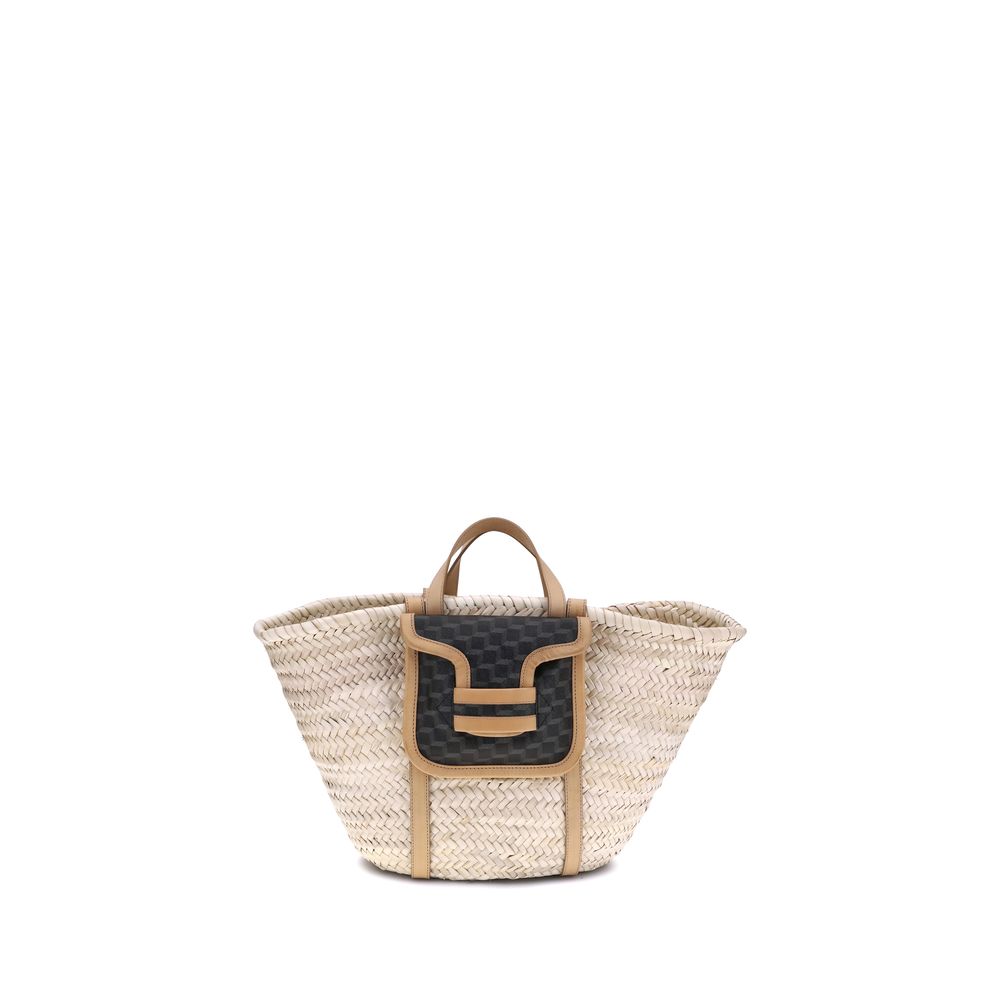 Alt Tag: Pierre Hardy Beige Raffia Shoulder Bag with four handles and internal pouch, combining luxury, functionality, and style.