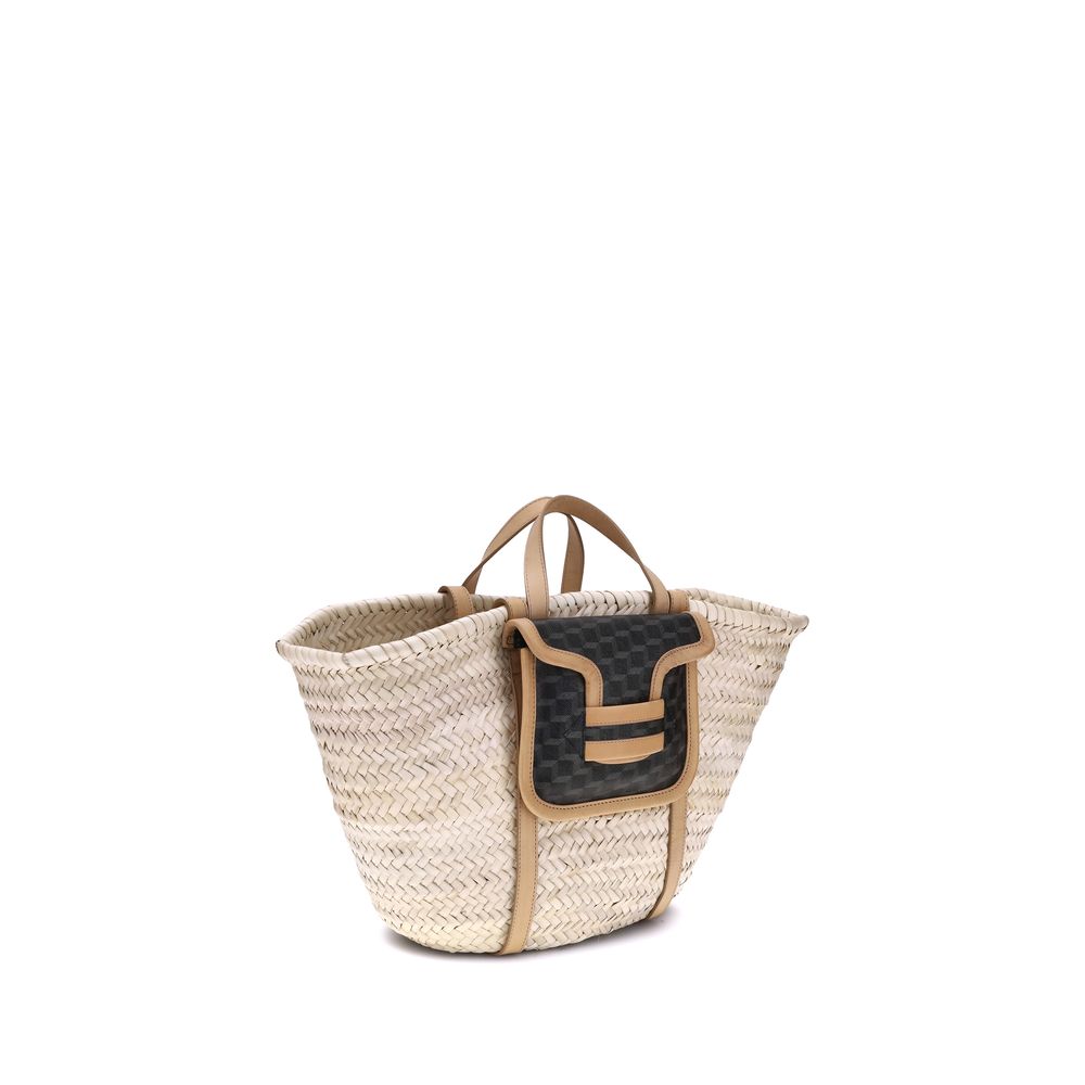 Pierre Hardy Beige Raffia Shoulder Bag with black pouch and four handles for versatile carrying options. Stylish and functional luxury accessory.