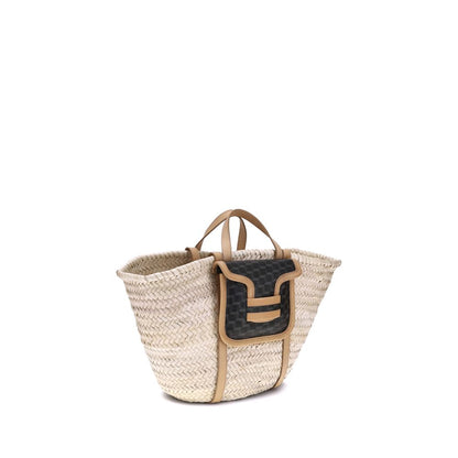 Pierre Hardy Beige Raffia Shoulder Bag with black pouch and four handles for versatile carrying options. Stylish and functional luxury accessory.