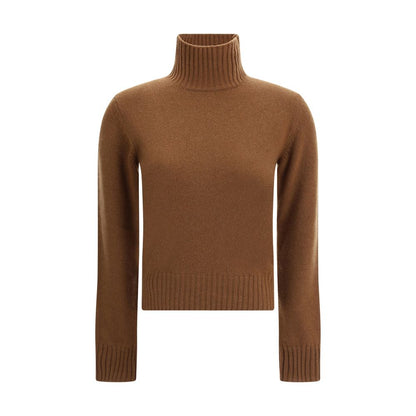 Ami Paris Brown Cashmere Cashmere Sweater with turtleneck and ribbed trim, featuring the Ami De Coeur logo on front.