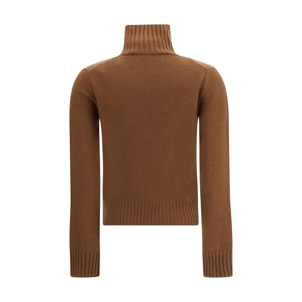 Ami Paris Brown Cashmere Cashmere Sweater with ribbed trim and iconic Ami De Coeur logo, perfect for winter elegance.