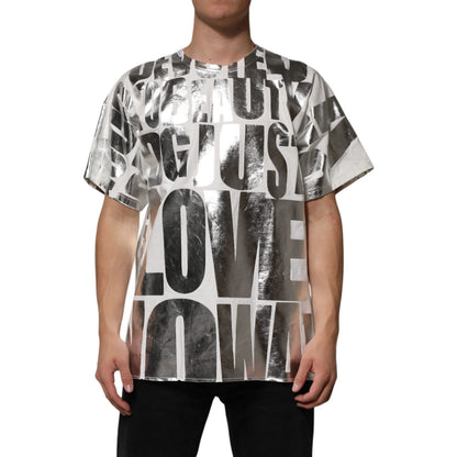 Dolce & Gabbana White Cotton Silver Metallic Slogan Print T-shirt