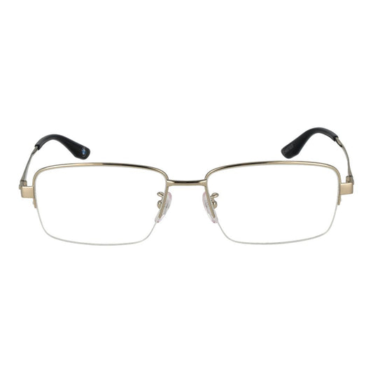 BMW Gold Men Glasses Frame, titanium half-rim design with rectangle style, demo lenses, and gold frame.