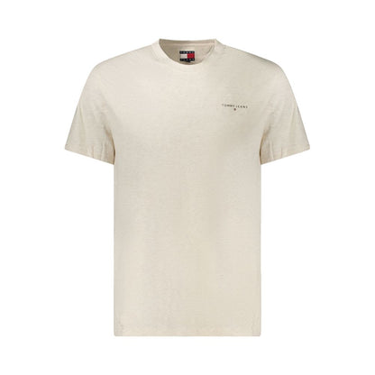 Tommy Hilfiger Beige Cotton Men T-Shirt with logo, sustainable fabric, short sleeves, and classic crew neck.