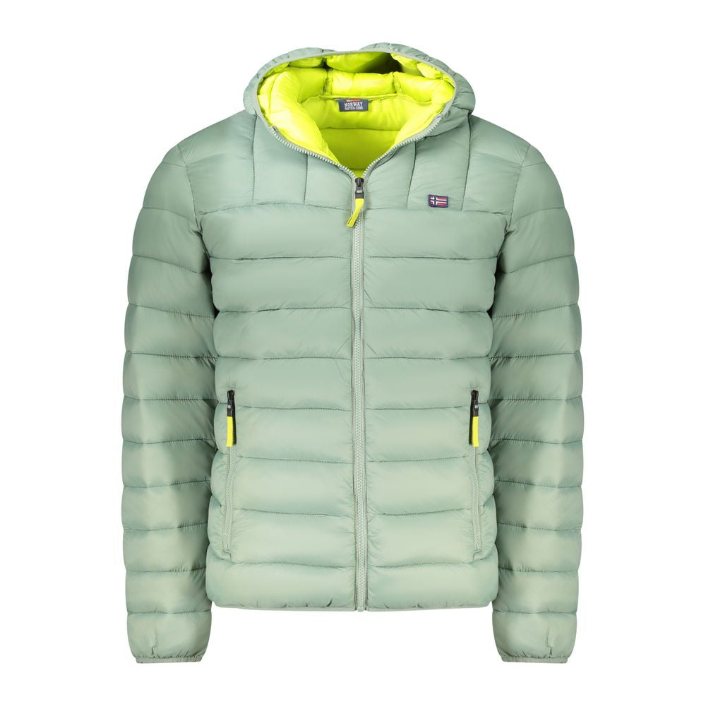 Norway 1963 Green Polyamide Men Jacket featuring yellow accents, hood, and zip closure. Durable, stylish outerwear for modern men.