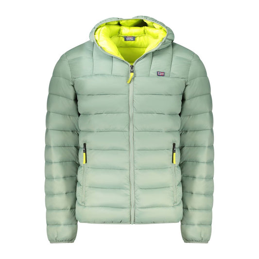 Norway 1963 Green Polyamide Men Jacket featuring yellow accents, hood, and zip closure. Durable, stylish outerwear for modern men.
