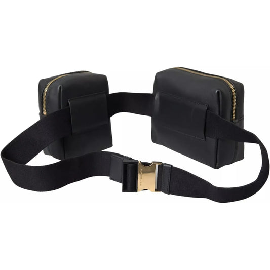 Dolce & Gabbana Black Calfskin Leather Double Waist Belt Fanny Pack Bag BAG4670
