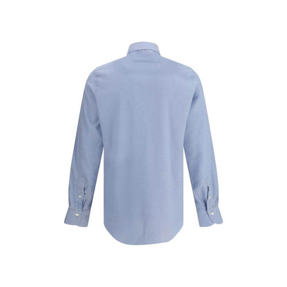 Back view of Finamore Light Blue Cotton Dress Shirt, elegant cotton and cashmere blend with classic collar, perfect for everyday elegance.