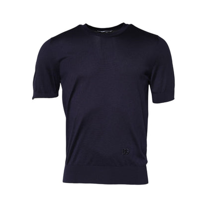 Dolce & Gabbana Dark Blue Silk Crew Neck Short Sleeves T-shirt